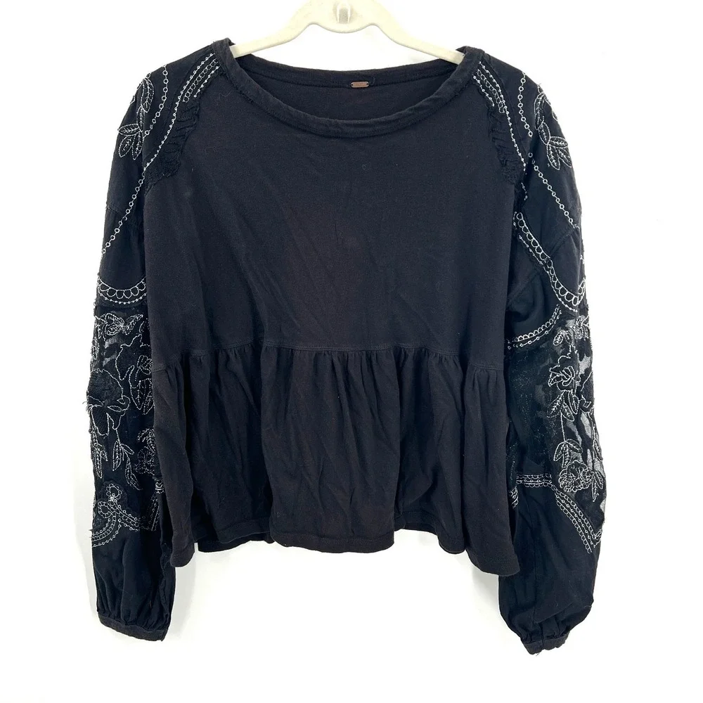 Free People Embroidered Penny Tee black whimsigoth boho‎ whimsical blouse top S